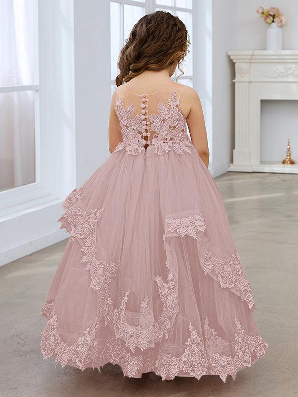 Vestido de princesa de tul sin mangas con apliques de encaje y cola larga para niñas 