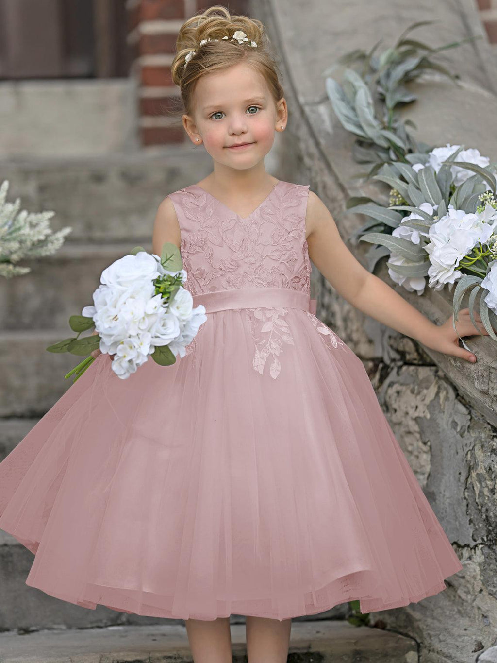 Vestido de niña de las flores sin mangas con encaje de tul hasta la rodilla 