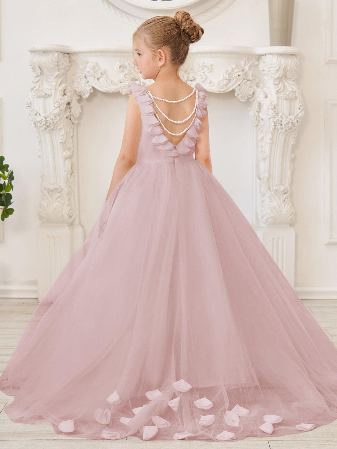 Elegante vestido de niña de las flores de tul blanco con cola larga 