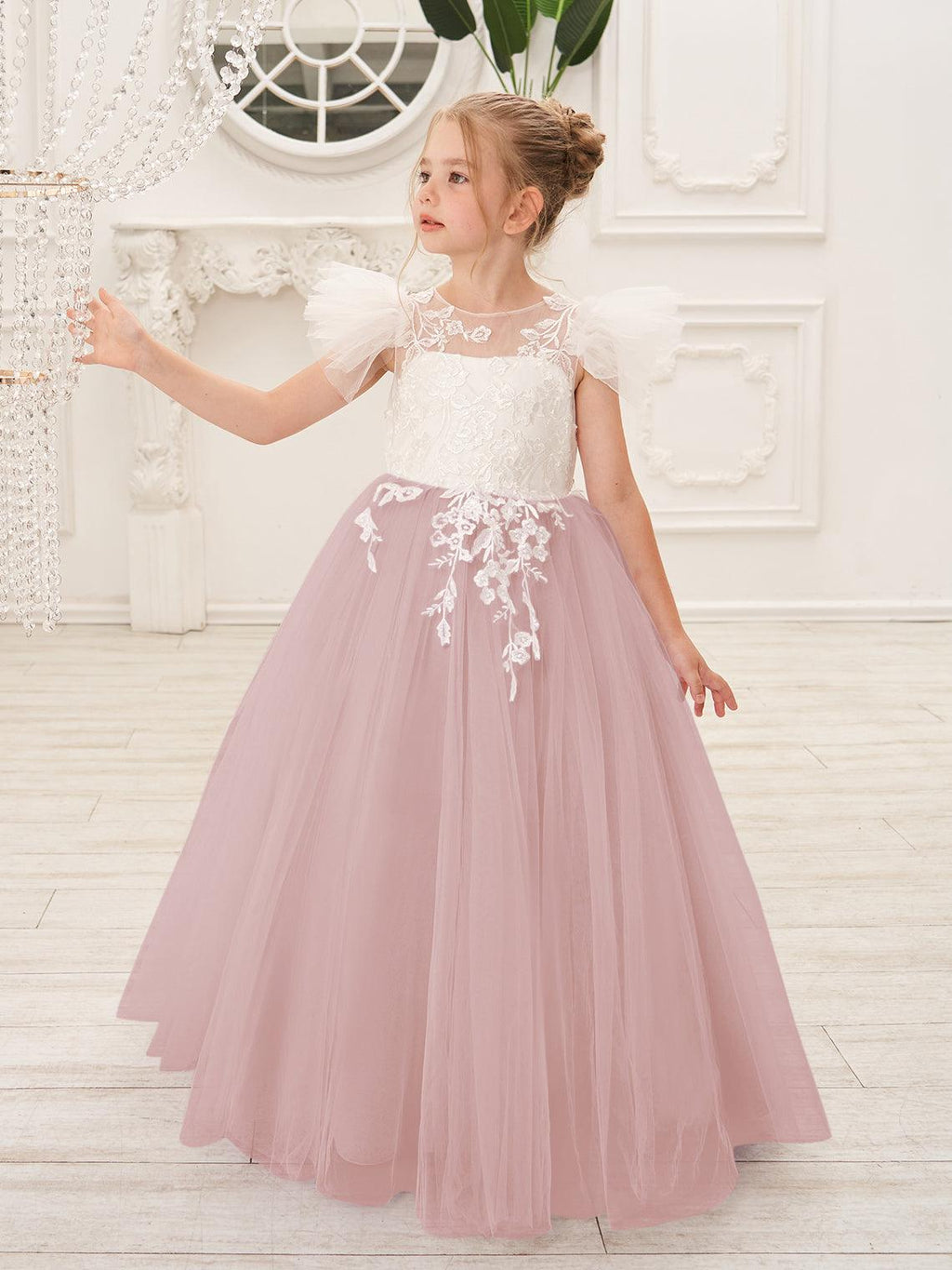 Vestido de niña de las flores con cola larga y tul con encaje desmontable 