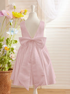 Elegante vestido de niña de las flores de satén con escote en V, corte A y lazo hasta la rodilla 