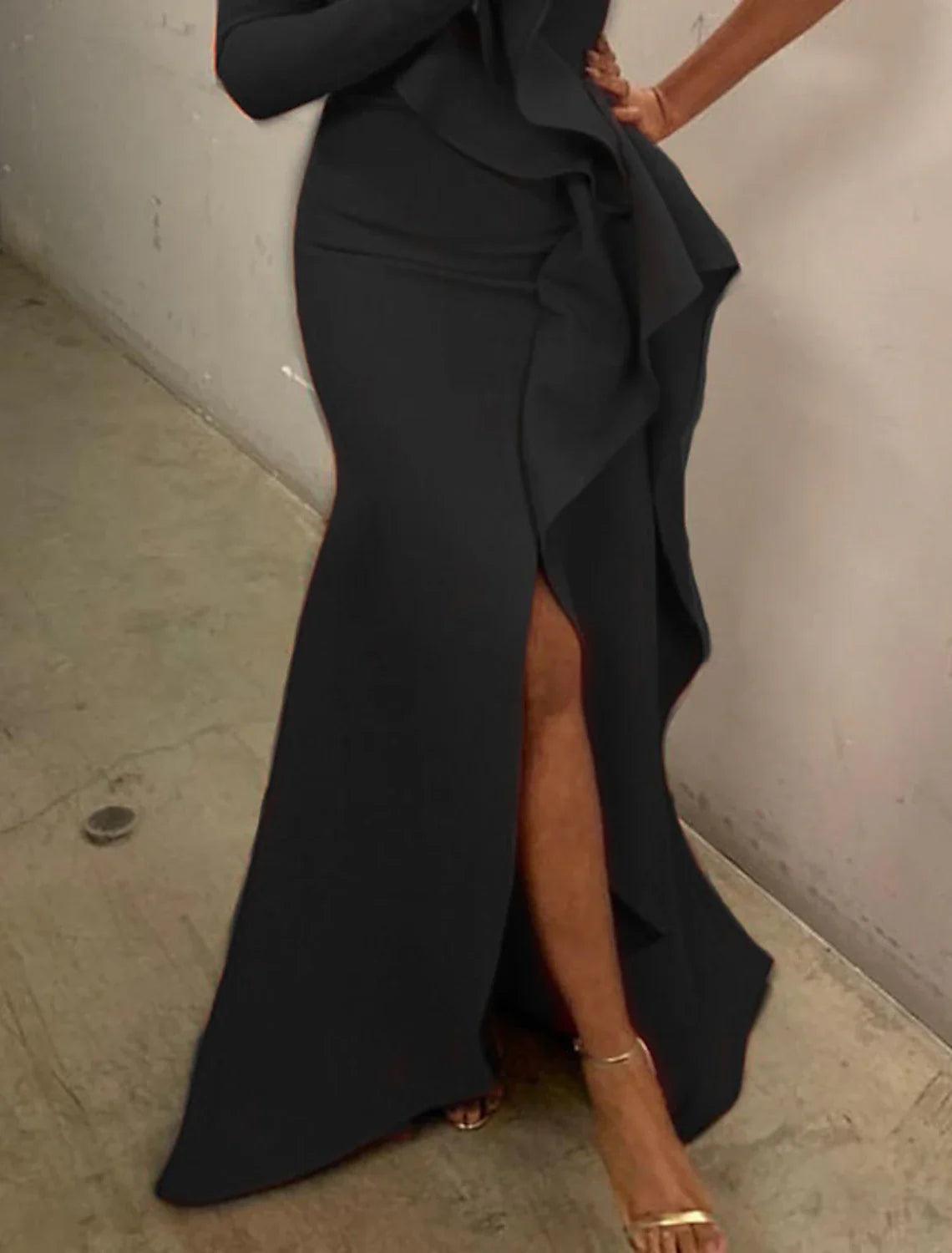 Mermaid Black Dress Plus Size Evening Gown Minimalist Dress Formal Evening Floor Length Long Sleeve One Shoulder Fall Wedding Guest Stretch Fabric with Ruffles Pure Color