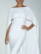 Meerjungfrau-Partykleid, Abendkleid, Maxikleid, formelle Hochzeitsgäste, bodenlang, ärmellos, Rundhalsausschnitt, Capes, Stretch-Chiffon mit Schal