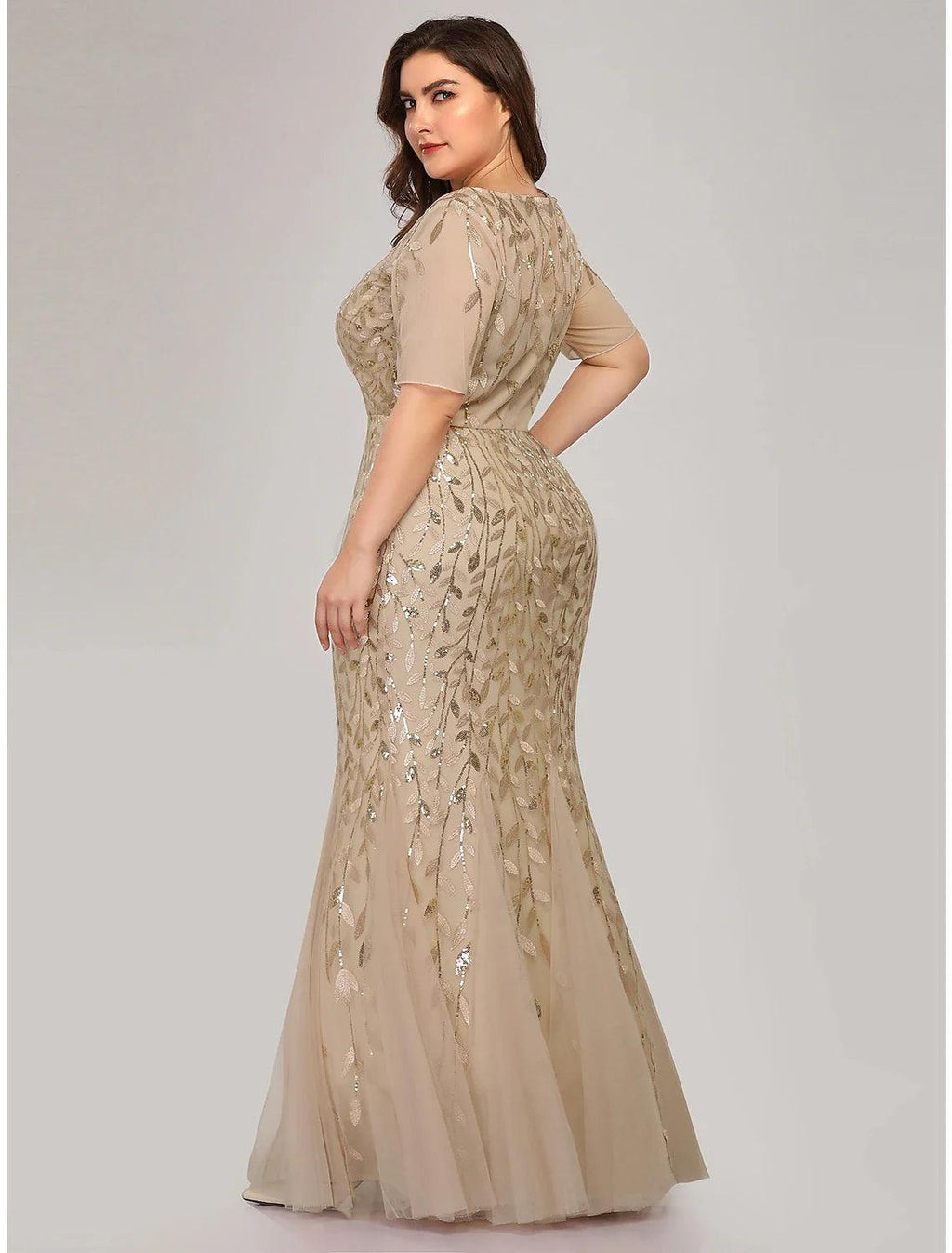 Mermaid / Trumpet Evening Gown Plus Size Dress Formal Evening Floor Length Short Sleeve Jewel Neck Fall Wedding Guest Tulle Ladder Back with Sequin Appliques