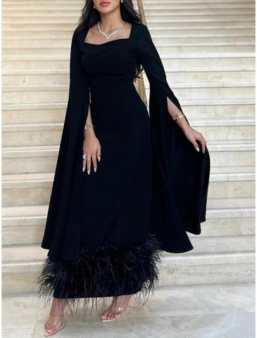 NumberSea-Sheath Black Dress Evening Gown Elegant Dress Formal Ankle Length Long Sleeve Square Neck Stretch Fabric with Feather NumberSea-Sheath Black Dress Evening Gown Elegant Dress Formal Ankle Length Long Sleeve Square Neck Stretch Fabric with Feather