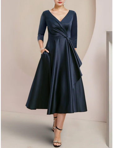 Numbersea A-Linien-Kleid für die Mutter der Braut, für Hochzeitsgäste, elegant, zierlich, V-Ausschnitt, wadenlang, Satin, 3/4-Ärmel mit Rüschen, einfarbig