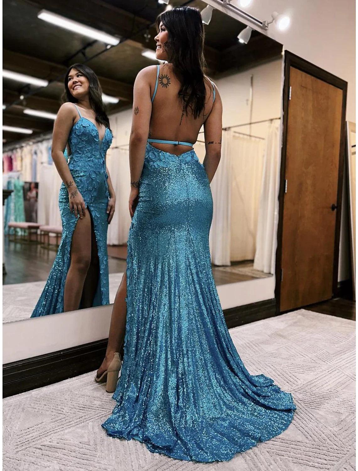 Vestidos de fiesta de sirena/trompeta, brillantes y con brillo, formales, para bodas, con cola larga/cepillo, sin mangas, escote en V, con lentejuelas y espalda descubierta con apliques de lentejuelas.