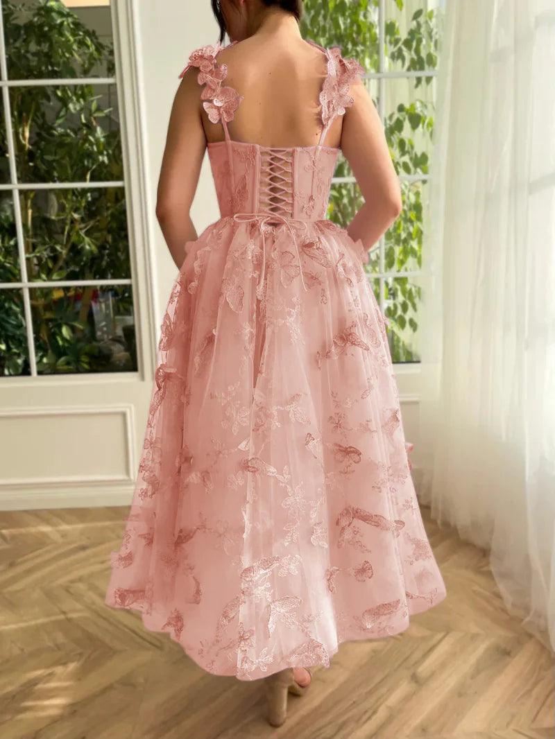 Vestido de fiesta Aline de tul midi con mariposas