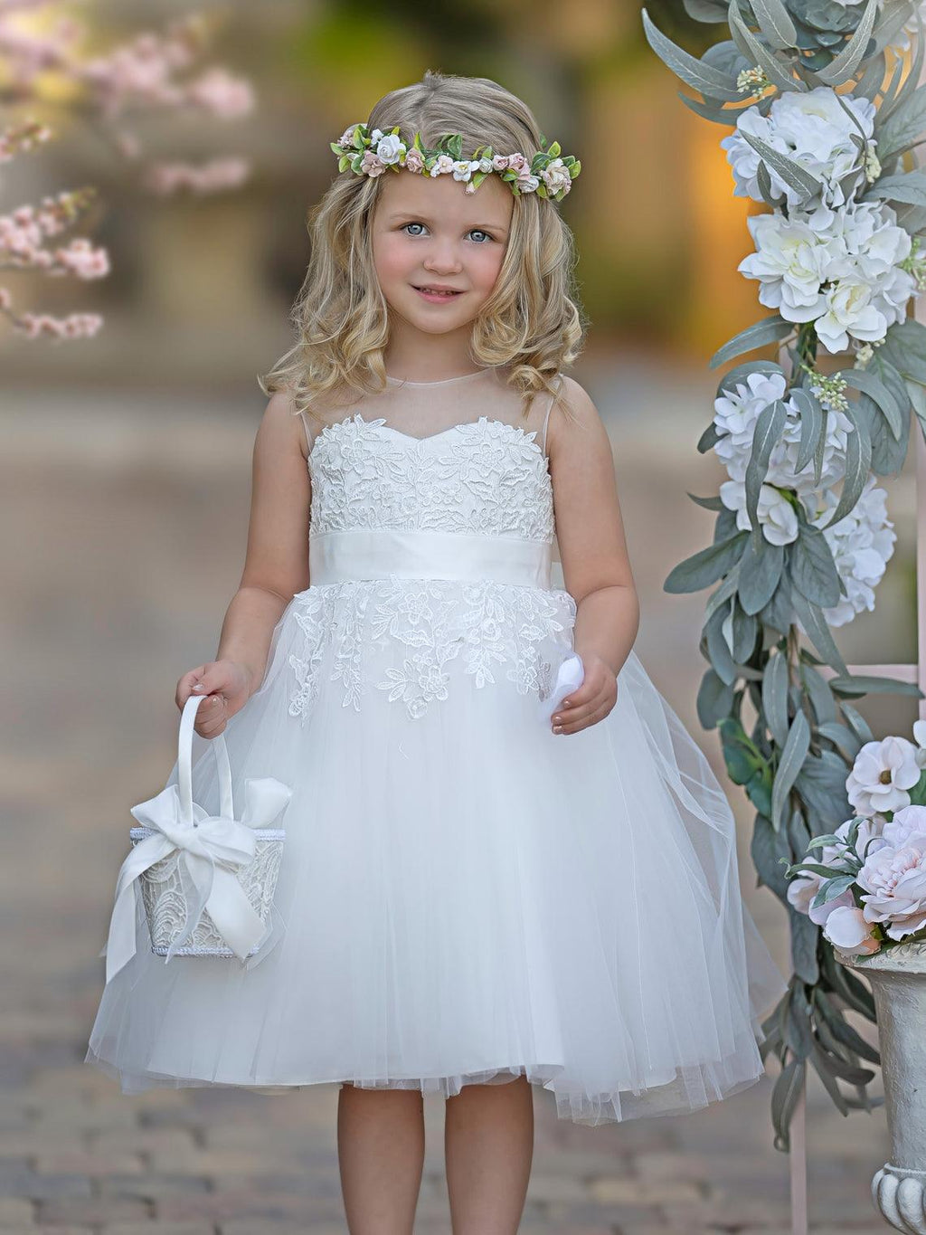 Vestido de niña de las flores de primera comunión de tul con encaje hasta la rodilla 