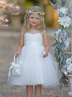 Vestido de niña de las flores de primera comunión de tul con encaje hasta la rodilla 