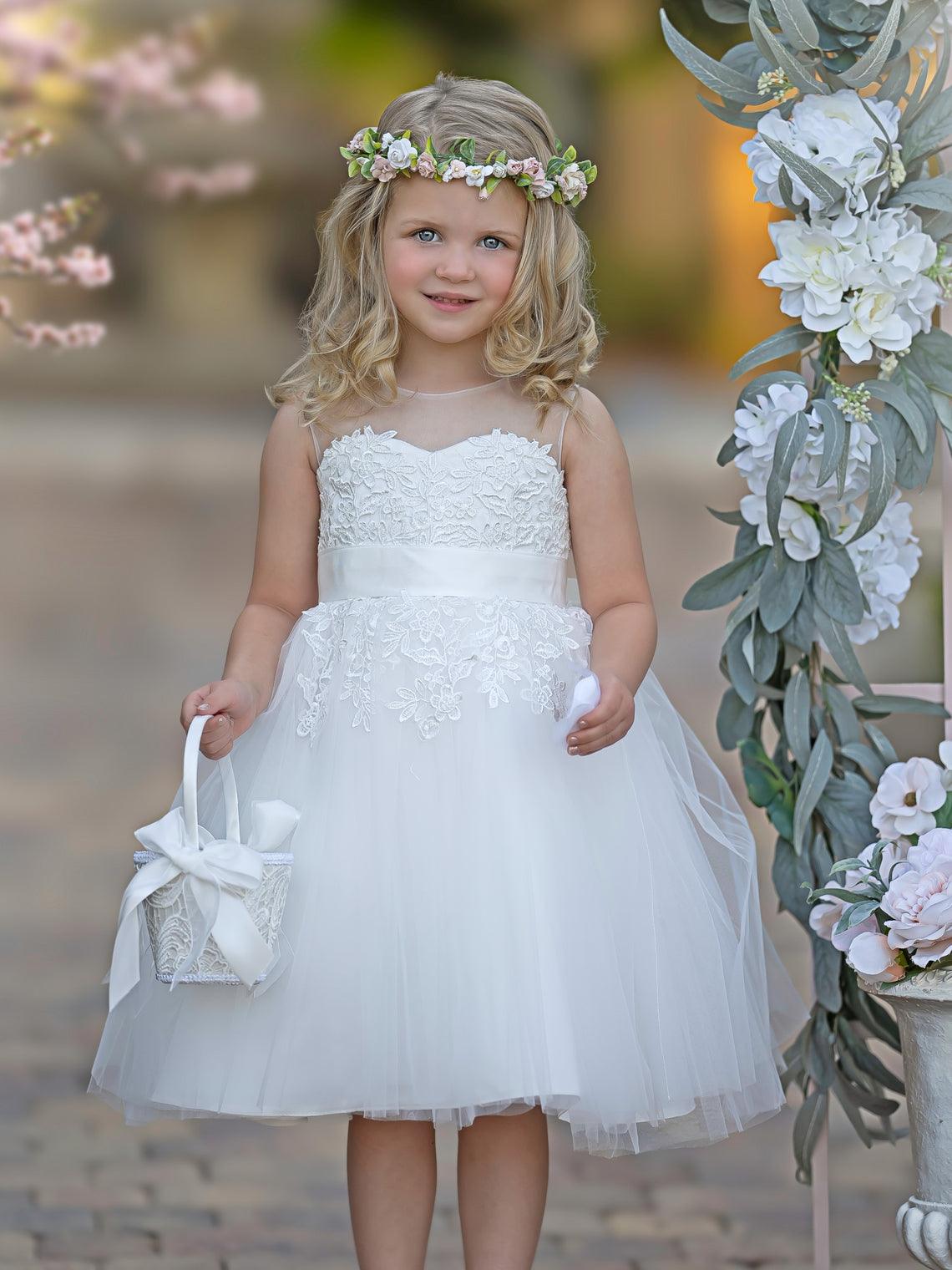 Vestido de niña de las flores de primera comunión de tul con encaje hasta la rodilla 