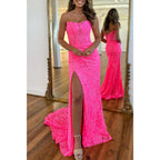 Strapless Pleats Lace Applique with Side Slit Train Party Prom Evening Dress