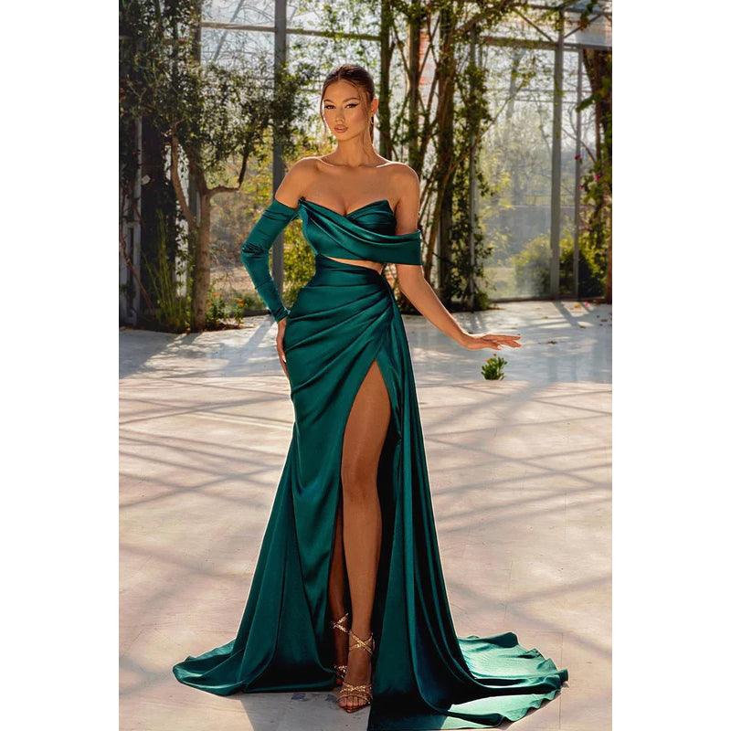Etui-Linie/Säulenkleid, trägerlos, gerüscht, mit Schlitz, langen Ärmeln, formelles Abendkleid