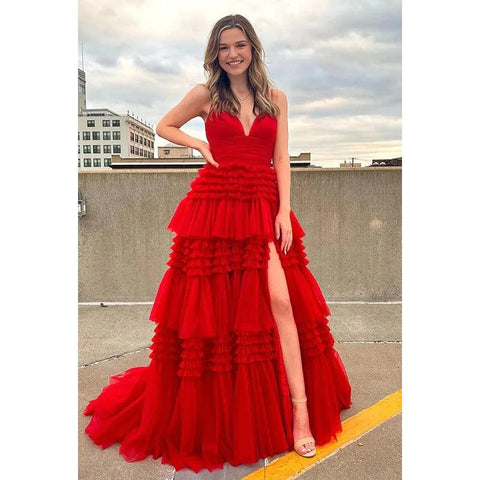 V-Neck Spaghetti Straps Ruched Tulle A-Line Long Homecoming Court Dress