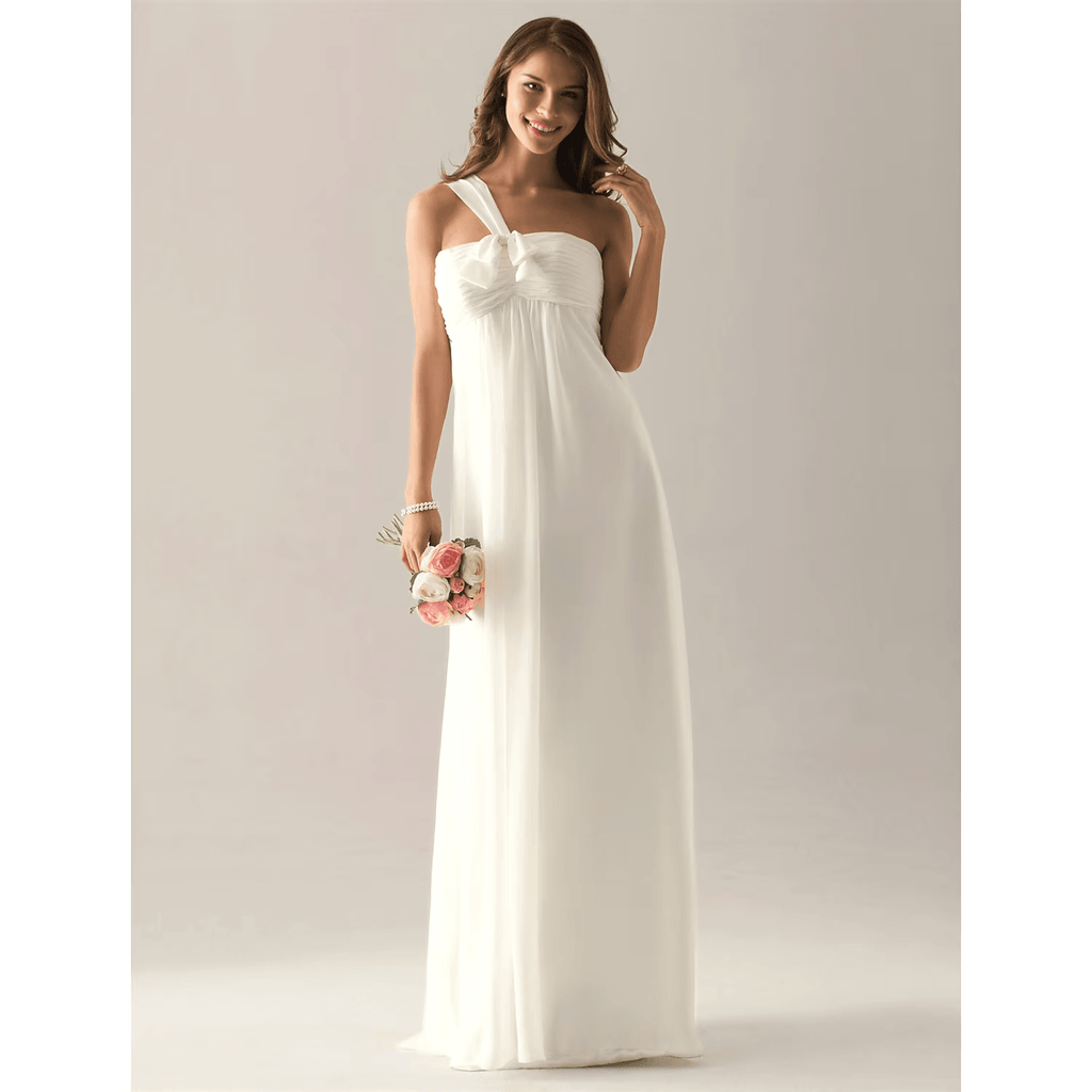 Vestido de dama de honor con corte tubo/columna, un hombro, sin mangas, elegante, largo hasta el suelo, de gasa con lazo(s), pliegues y fruncido.