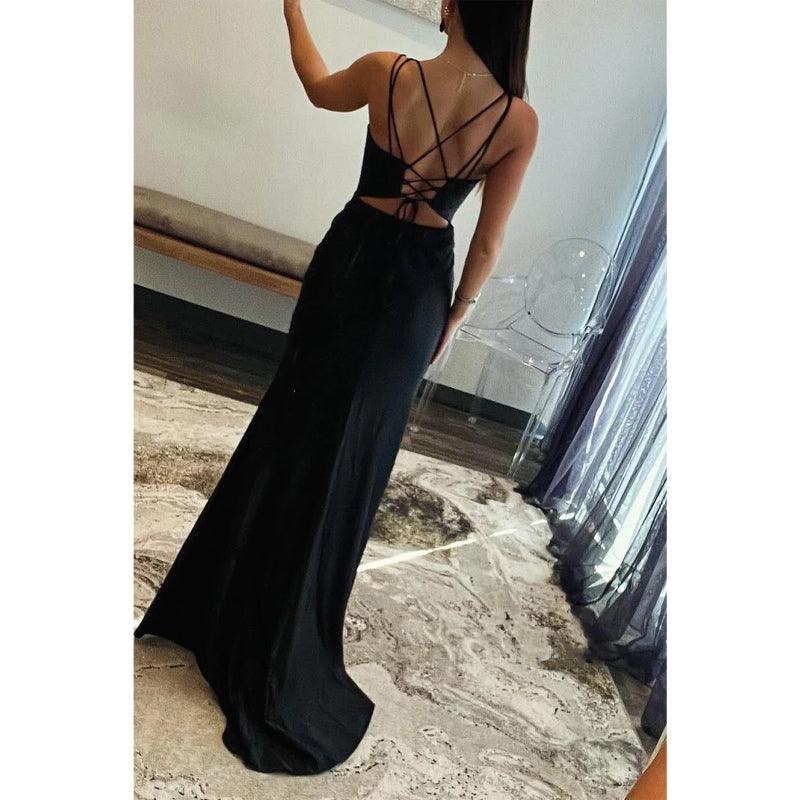 Vestido de noche de satén ajustado con escote en V, tirantes finos, apliques y abertura lateral para fiesta de graduación 