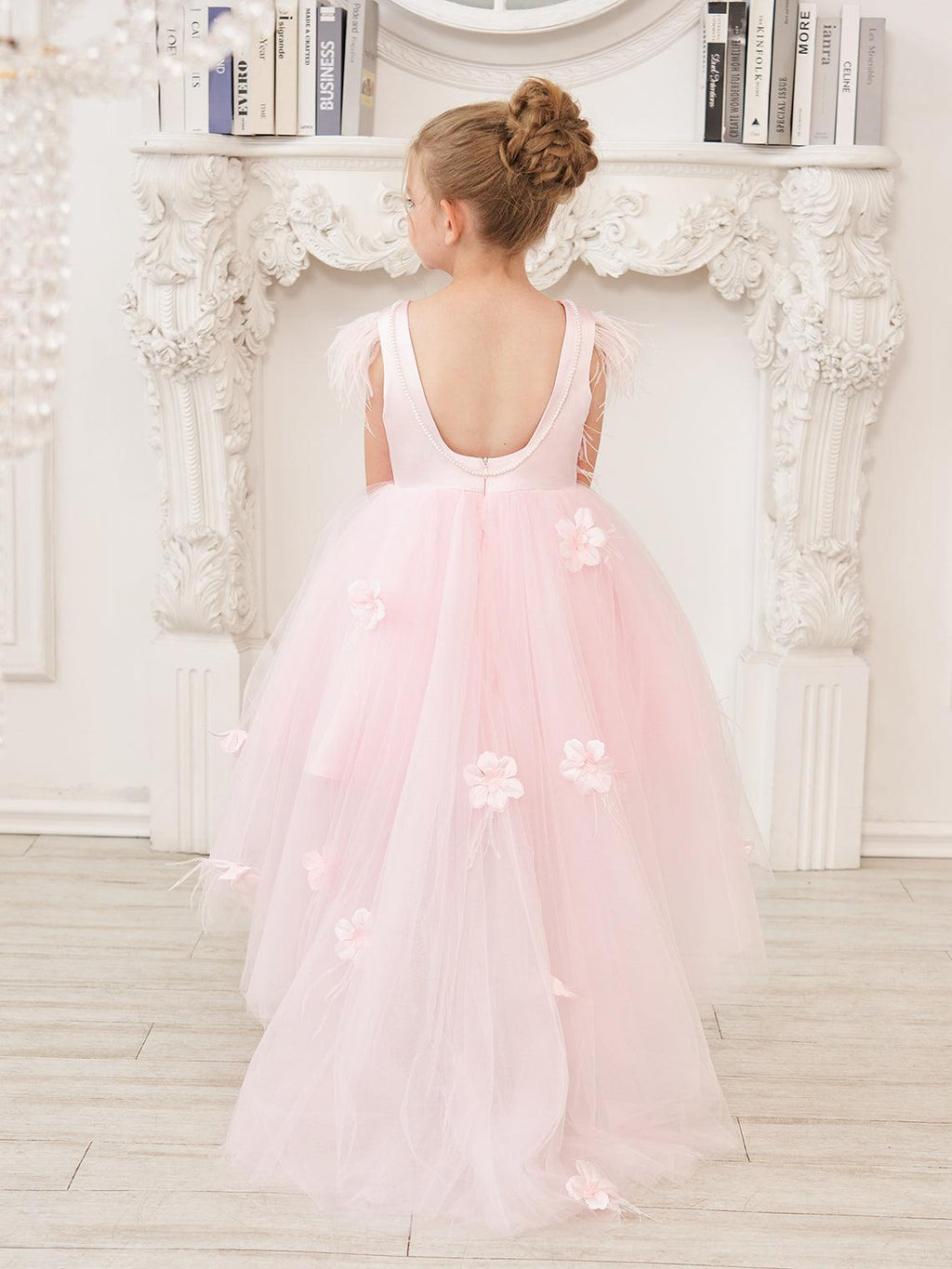 Vestido de princesa sin mangas de tul para niña de las flores con cuentas y lazo de plumas (010224704) 