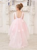 Vestido de princesa sin mangas de tul para niña de las flores con cuentas y lazo de plumas (010224704) 