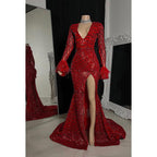 Vestido de fiesta de corte tubo con escote en V, lentejuelas, abertura, cremallera y mangas largas