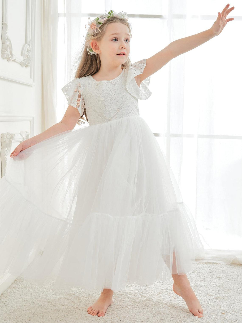 Knöchellanges weißes Kleid aus Spitzentüll (2003227579) 