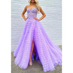 Sweetheart Strapless Tulle A-line Appliques with Side Slit Party Prom Evening Dress