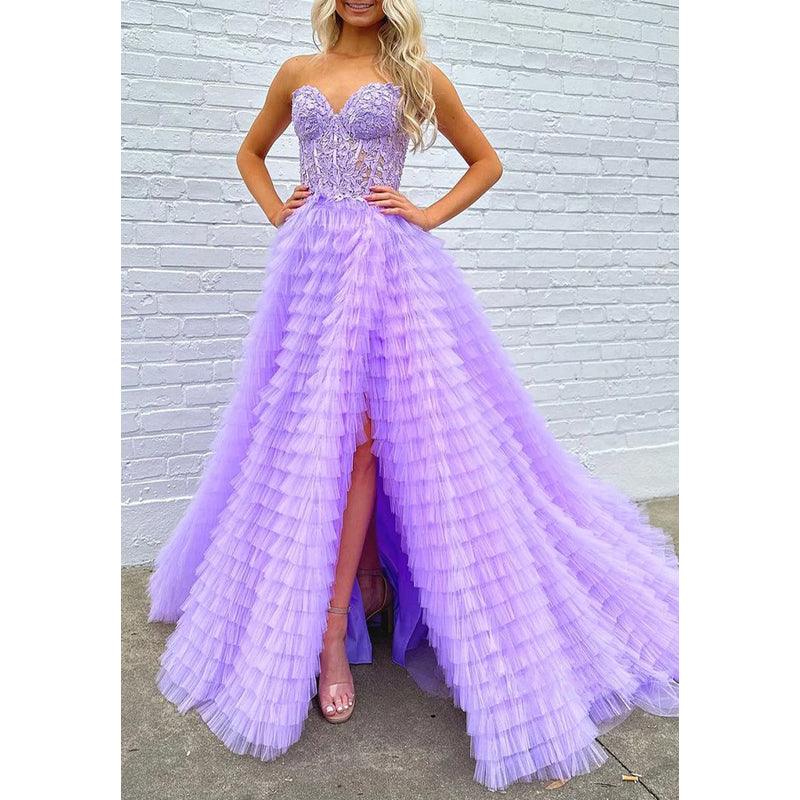 Sweetheart Strapless Tulle A-line Appliques with Side Slit Party Prom Evening Dress