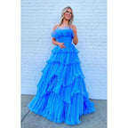 Vestido de fiesta largo de tul fruncido sin tirantes, corte A, con cola larga