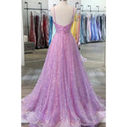 Vestido de fiesta morado con lentejuelas, encaje, escote en V y corte A con purpurina 