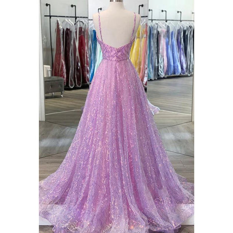 Purple Sequins Lace V-neck A-line Prom Dress Glitter