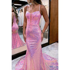 Plunging V-neck Bone Sequins Pink Long Prom Dress Glitter