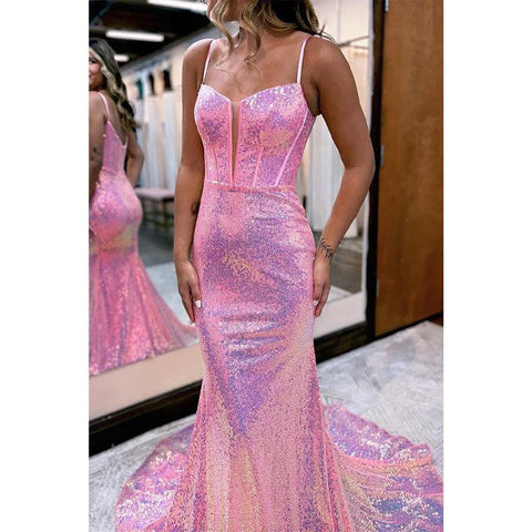 Plunging V-neck Bone Sequins Pink Long Prom Dress Glitter
