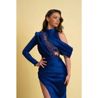 Vestidos de noche formales largos de sirena con escote alto, cuentas de satén y mangas largas con abertura 