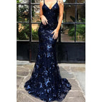 Vestido de noche largo de satén con lentejuelas y escote en V para graduación