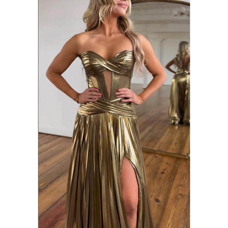 Vestido de noche estilo imperio sin mangas, escote corazón, sin tirantes y abertura lateral para fiesta de graduación 