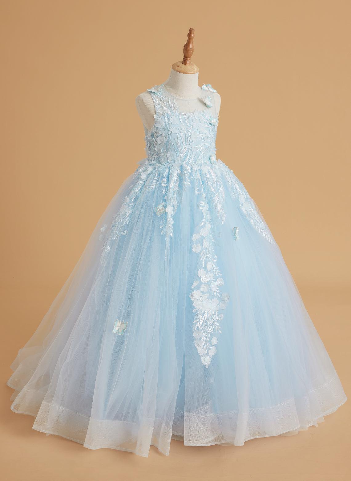 Vestido de princesa rosa para niña con apliques de encaje 
