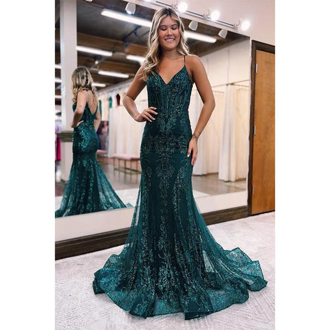 Sexy V-neck Sequins Appliques Mermaid Long Prom Dress