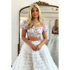 Vestido de fiesta largo de noche con escote cuadrado, mangas cortas, tul con cuentas y corte en A