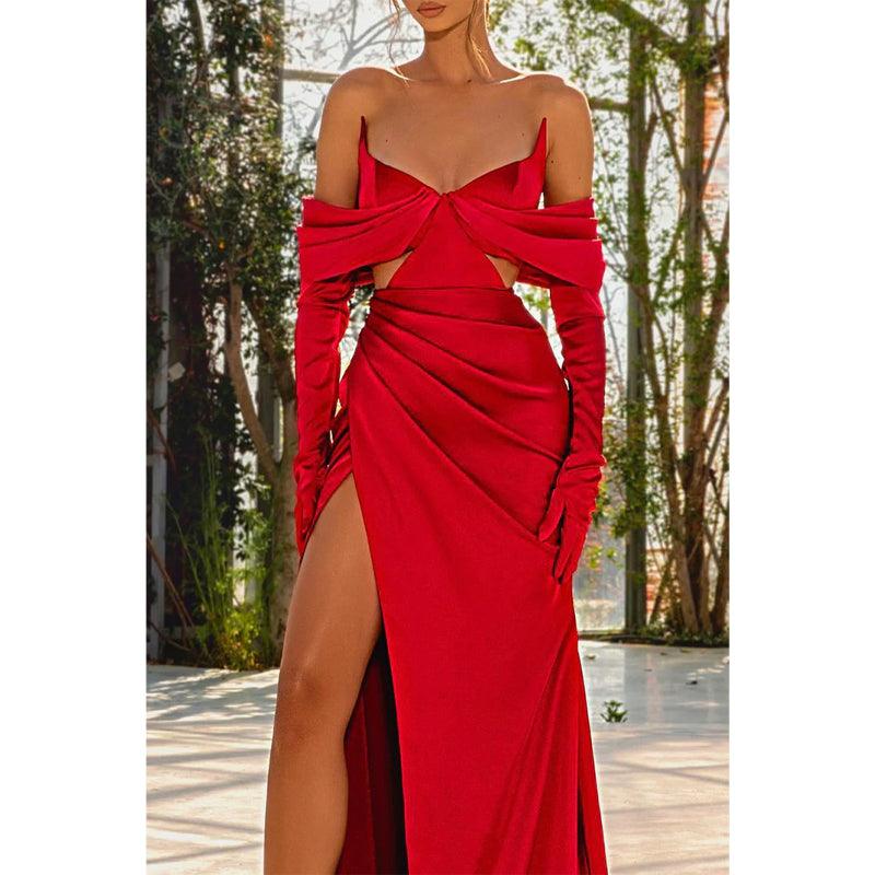 Vestido de noche formal largo rojo de satén plisado con escote en V y abertura lateral 