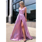 Vestido de fiesta de graduación de satén elástico rosa con escote en V pronunciado y abertura 