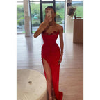 Strapless Sequined Ruched Satin Sheath Long Prom Evening Dress