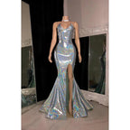 Vestido de fiesta largo con escote en V, tirantes finos, lentejuelas y abertura