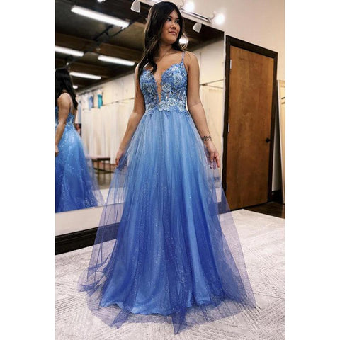 V-neck Appliques Spaghetti Straps Ombre Glitter Tulle Long Prom Evening Dress