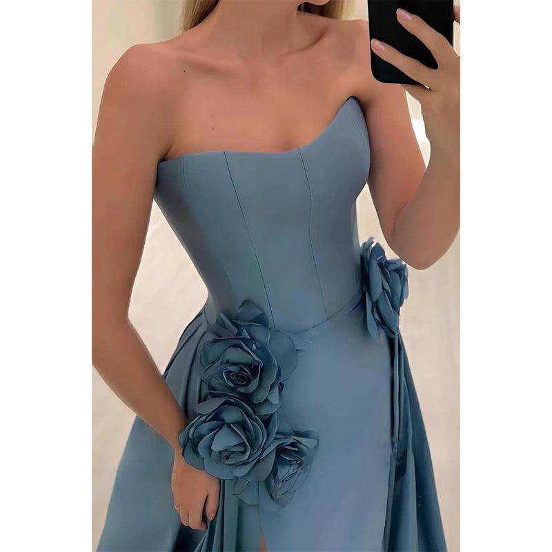 Vestido de noche de satén con escote en forma de A, estampado floral y abertura para fiesta de graduación 