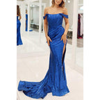 Sequined Detachable Off-shoulder with Side Slit Party Prom Evening Dress