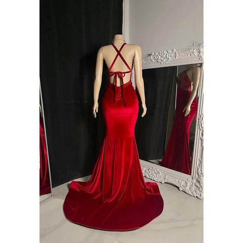 Sexy & Hot Halter V-neck Sleeveless Criss-Cross Straps Mermaid Slit Ruched Prom Dress