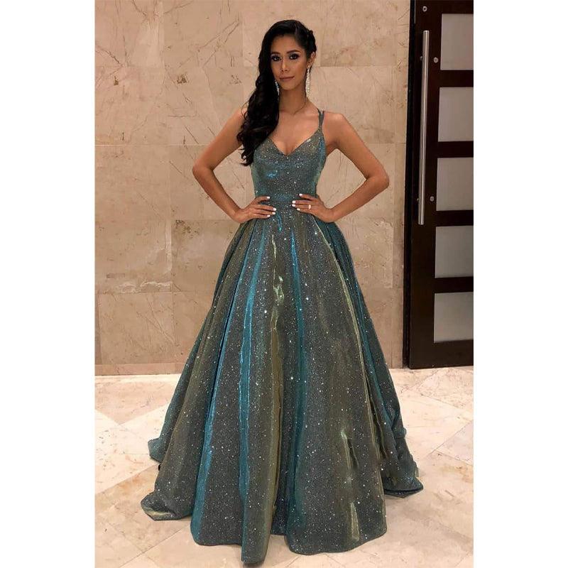 Vestido de fiesta con tirantes finos, escote en V, corte A, color pargeant con purpurina