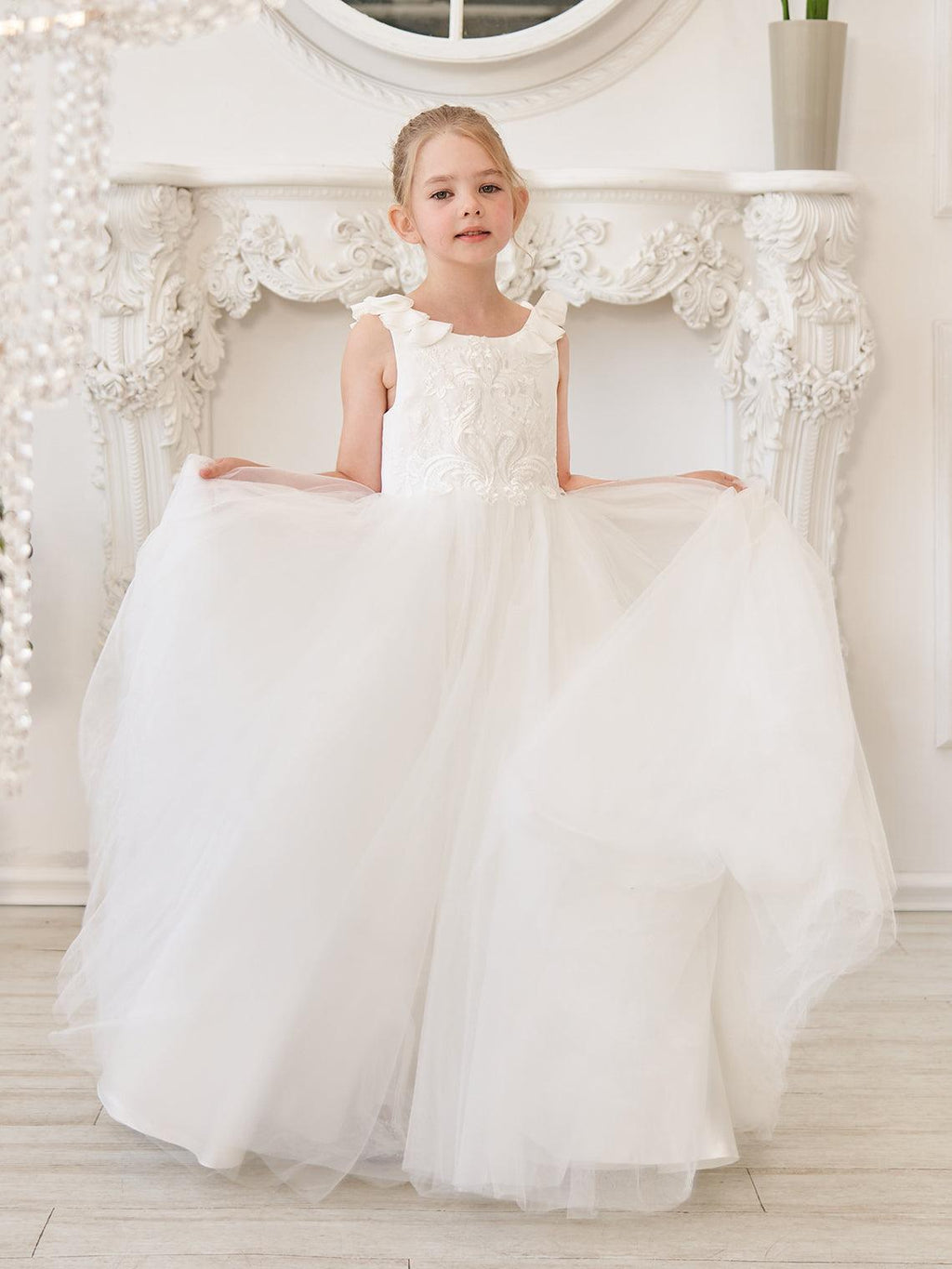 Elegante vestido de niña de las flores de tul blanco con cola larga 
