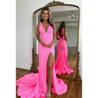 Vestido de noche formal de sirena, sencillo e informal, con escote en V, sin mangas, abertura lateral y espalda descubierta