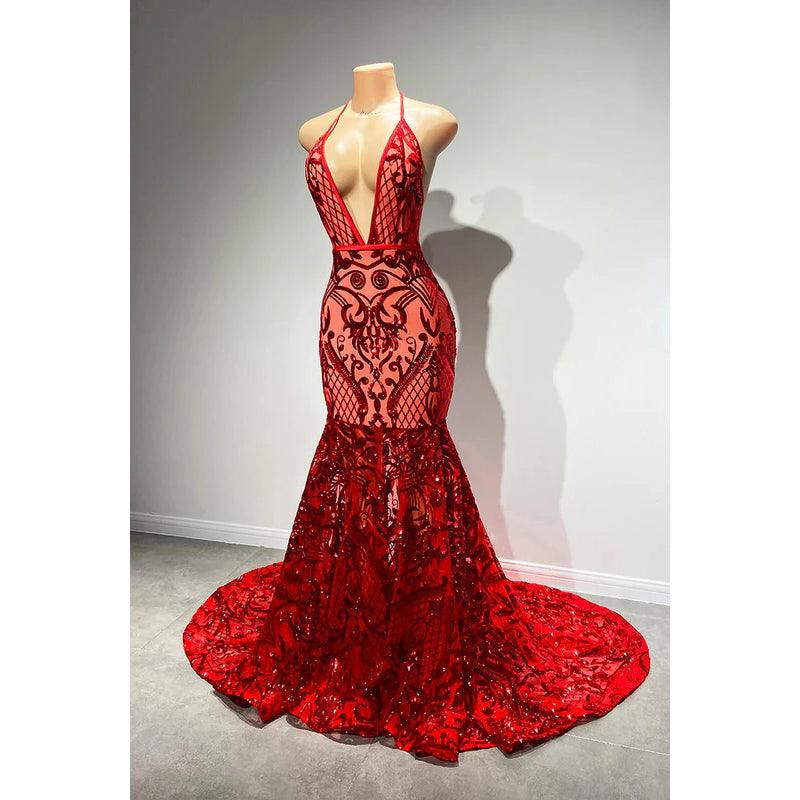 Vestido de fiesta sexy y atractivo con tirantes finos, escote en V profundo, sin mangas, corte sirena, espalda descubierta y lentejuelas