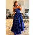 Vestido de fiesta largo de corte A con apliques de lentejuelas y bolsillos, sin tirantes